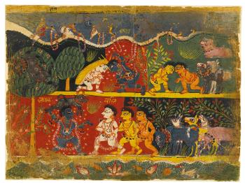 An Illustration to a Bhagavata Purana Series: Krishna Swinging Vatasura the Calf Demon (Watched By Balarama And Friends) by 
																	 North Indian School