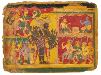 An Illustration to a Bhagavata Purana Series: The Multi-armed King Sahastrabahu Strides before Warriors by 
																	 North Indian School