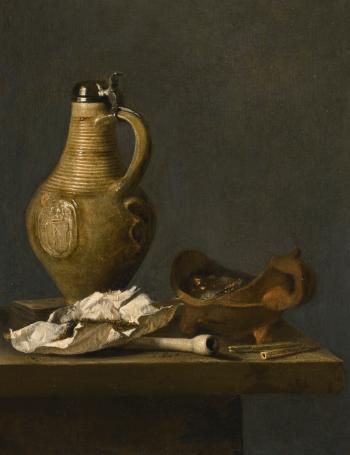 Still life with an earthenware jug, a deck of cards and smoking paraphernalia by 
																	Jan Fris