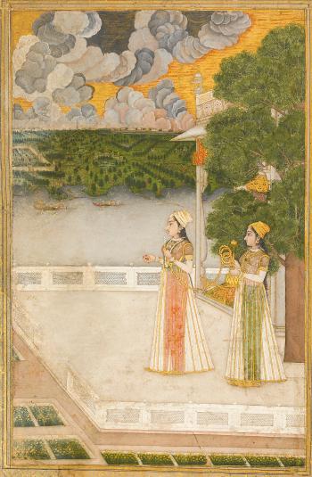 A princess, identified as Nur Jahan, smoking a huqqa on a terrace with Delhi in the distance by 
																	Nidha Mal