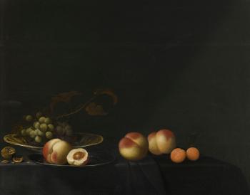 Still Life of Grapes, Peaches, Apricots and Walnuts, All Upon A Table Draped in A Dark Fabric by 
																	Evert van Aelst