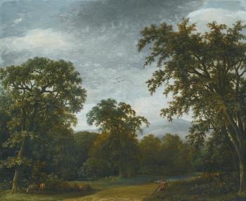A Wooded Landscape With A Shepherd and His Flock By A Path by 
																	Jan de Lagoor