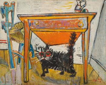 Chat noir sous une table by 
																	Francis Tailleux