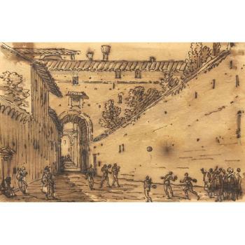 Vue animée d’une ruelle avec des joueurs de balle by 
																	Bernardino Galliari