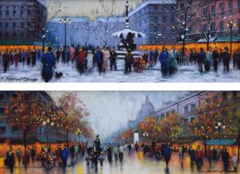 Continental street scenes with figures by 
																	Anthony Orme