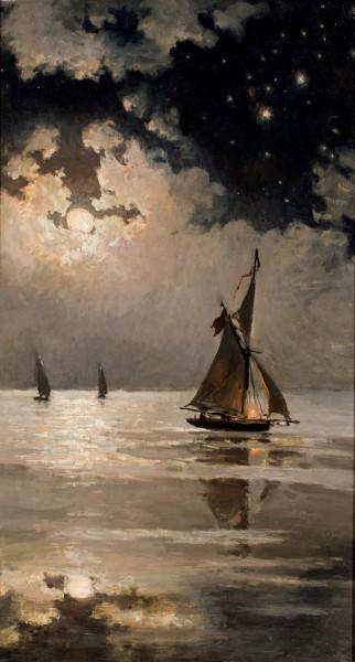 Marina con veleros al anochecer by 
																	Antonio Munoz Degrain