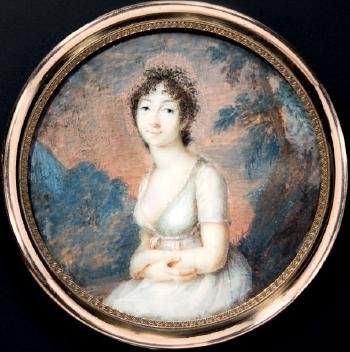 Portrait de jeune femme assise dans un paysage, vers la gauche presque de face, en robe de voile blanc décolletée et les bras croisés sur ses genoux by 
																	Jean Baptiste Sambat