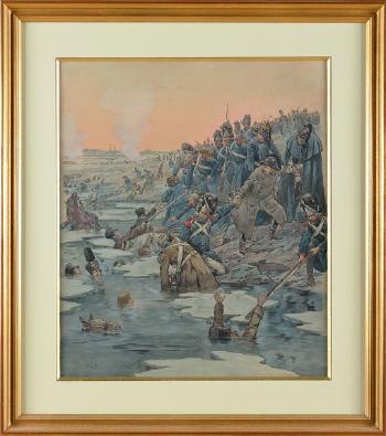 Napoléon Ier et sa garde, sauvant des soldats russes aux étangs d'Austerlitz by 
																	Jacques-Marie-Gaston Job