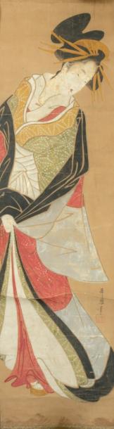 Portrait en pied d'une oiran debout vêtue d'un riche kimono by 
																	 Utamaro