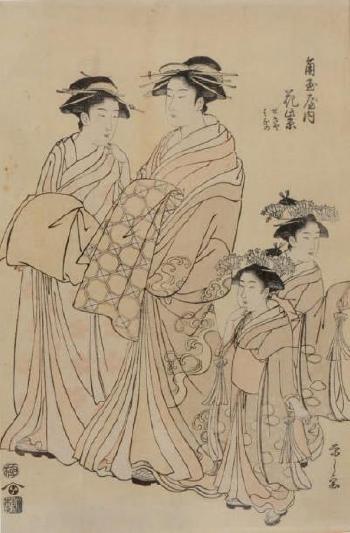 Deux oiran accompagnées de deux kamuro vêtues de kimono richement décorés by 
																	Hosoda Eishi