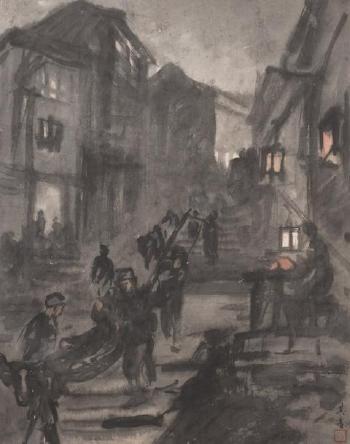 Travail­leurs dans une ruelle à la nuit tombée by 
																	 Xu Qi Xiang