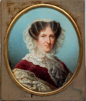 Mme Eynard en robe de velours rouge, la coiffure à coques et important bonnet de dentelle by 
																	Louis Stanislas Faivre-Duffer