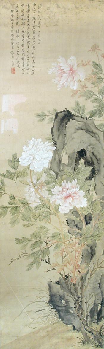 Pink and white peony blooms by a rock by 
																			 Tao Qi