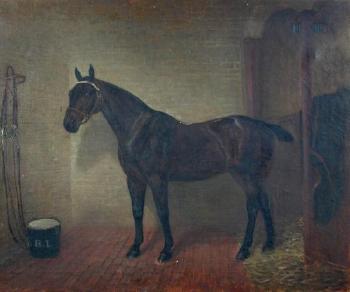A dark bay hunter in a stable by 
																			Edwin Loder of Bath