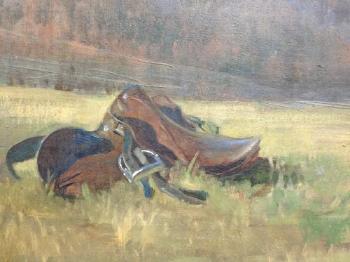 Study of a grey hunter with a saddle in a landscape by 
																			Nina Colmore