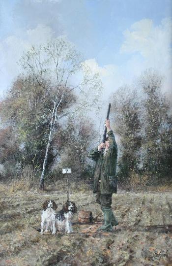 Taking a high bird - a sportsman with liver and white springer spaniels by 
																			Clive Madgwick