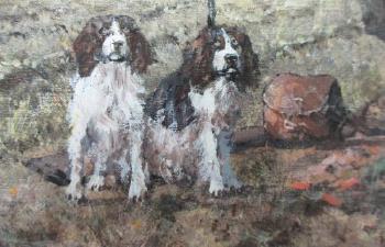 Taking a high bird - a sportsman with liver and white springer spaniels by 
																			Clive Madgwick