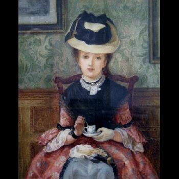 Study of a prim young lady seated holding a cup and saucer by 
																	Arthur C H Luxmoore