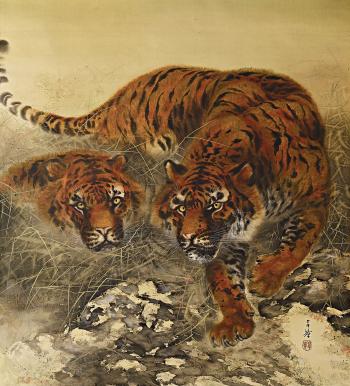A pair of tigers on the hunt by 
																			Suiseki Ohashi