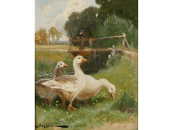 Ducks beside a stream with figures on a bridge beyond by 
																			Arthur W Redgate