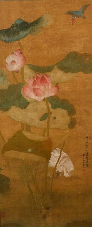 A Crane beside lotus flowers with a kingfisher above by 
																	 Zhu Qiao