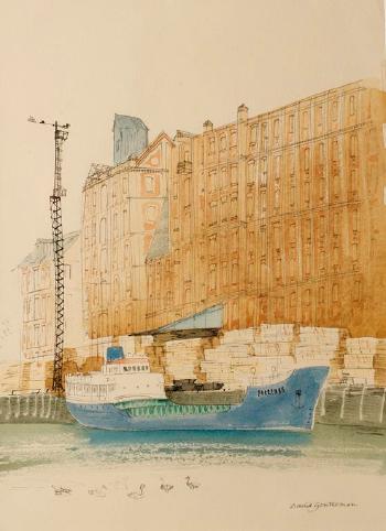 Cargo ship ferryman in dock by 
																	David Gentleman
