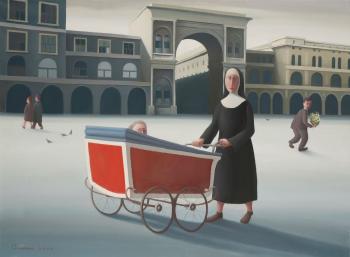 A nun with a pram and baby by 
																			Michael Quanne