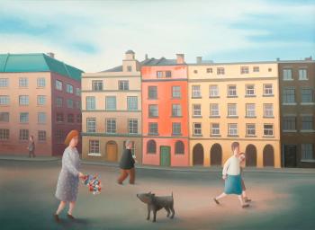 A view of figures and a dog in the street by 
																			Michael Quanne