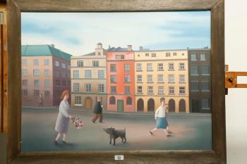 A view of figures and a dog in the street by 
																			Michael Quanne