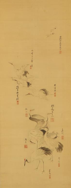 Six cranes in the foreground with five above in flight by 
																	Mitsuzane Tosa