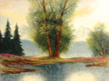 Landscape with trees, pond and hills by 
																	Eugen Szepesi-Kuszka