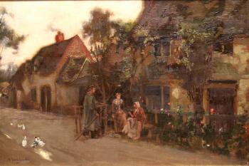Figures in conversation outside an inn, with ducks in the foreground by 
																			John Lochhead