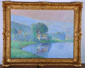 A tranquil river landscape, with farm buildings in the distance by 
																			Henri Laurent Jaudin