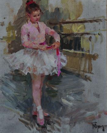 The ballet dance, holding a pink ribbon by 
																			Boris Trofimenko