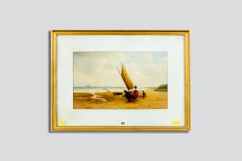 Beached boat with figures and distant ports with numerous vessels by 
																	Frank Rawlings Offer