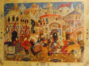 Venetian festival with figures dancing in a square, flags and banners on buildings nearby by 
																	Roy Fairchild-Woodard