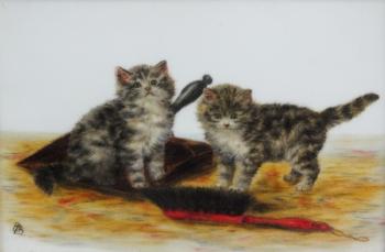 A study of two kittens by a basket. A study of two further kittens playing in an interior by 
																			Bessie Bamber