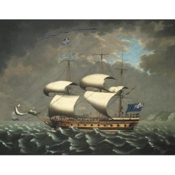 A 6th rate of the Royal Navy bearing away from the West African coast in blustery weather, the natives seen on the quarterdeck probably rescued from the wrecked slaver shown aground on the receding shoreline by 
																	William Jackson of Liverpool