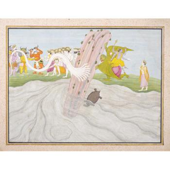 A folio from a Bhagavata Purana series: The Churning of the Ocean, or Vishnu as Kurma Avatar by 
																	 Nainsukh of Guler