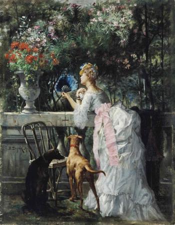 Femme dans le parc avec les chiens by 
																	Edmond Louis Dupain