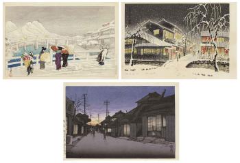 1: Matsue Bridge (Matsue Ohashi); figures cross a bridge in thick snow; 2: Evening Snow at Kiyamachi (Kiyamachi yuki yoi), from the series Snow and Rain (Yuki to ame); 3: Twilight at Imamiya Street, Choshi (Hakubo, Choshi-machi Imamiya-dori nite) by 
																	Kotozuka Eiichi
