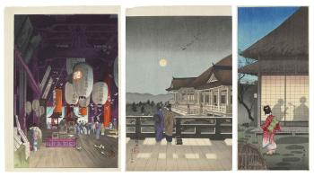 1: Interior of the Kannon Temple at Asakusa (Asakusa Kannon-do no naido); 2: Kyomizu Temple and a Flight of Geese (Kiyomizu no rakugan); 3: Tea pavilion at night (Yoru no ryo) by 
																	Eisho Narazaki