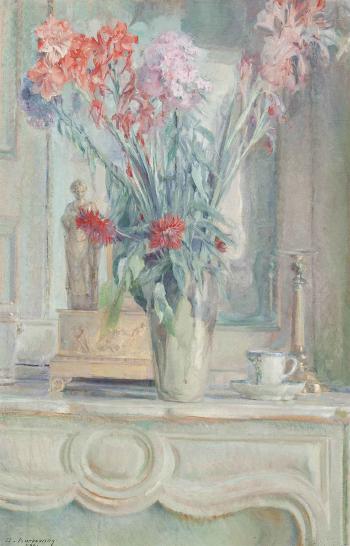 A vase of flowers with a teacup on a table by 
																	Adrien Karbowsky
