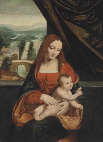 Madonna and Child before a draped curtain, a landscape beyond by 
																	Marco d'Oggiono