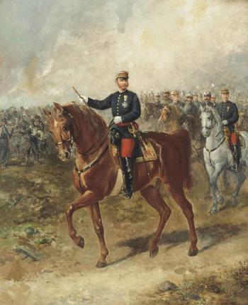 An equestrian portrait of King Alfonso XII leading his cavalry Generals by 
																	Nicolas Ruiz de Valdivia