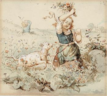 Kinder mit Lamm auf einer Blumenwiese by 
																	Gustav Konrad Sus