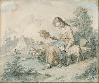 Mädchen mit Zicklein und Schaf, einen Spinnrocken in der Hand haltend by 
																	Gustav Konrad Sus