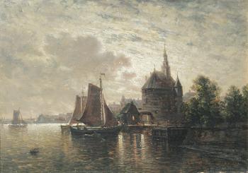Holländische Flußlandschaft mit Segelbooten bei einer Stadt by 
																	Pieter J Tschaffen