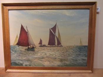 Thames Spritsail Barge and East Coast Fishing Smack by 
																			Frederick Bertrand Harnack