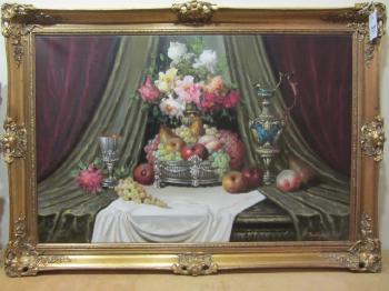 Still life of fruit and flowers by 
																			Bela Balogh